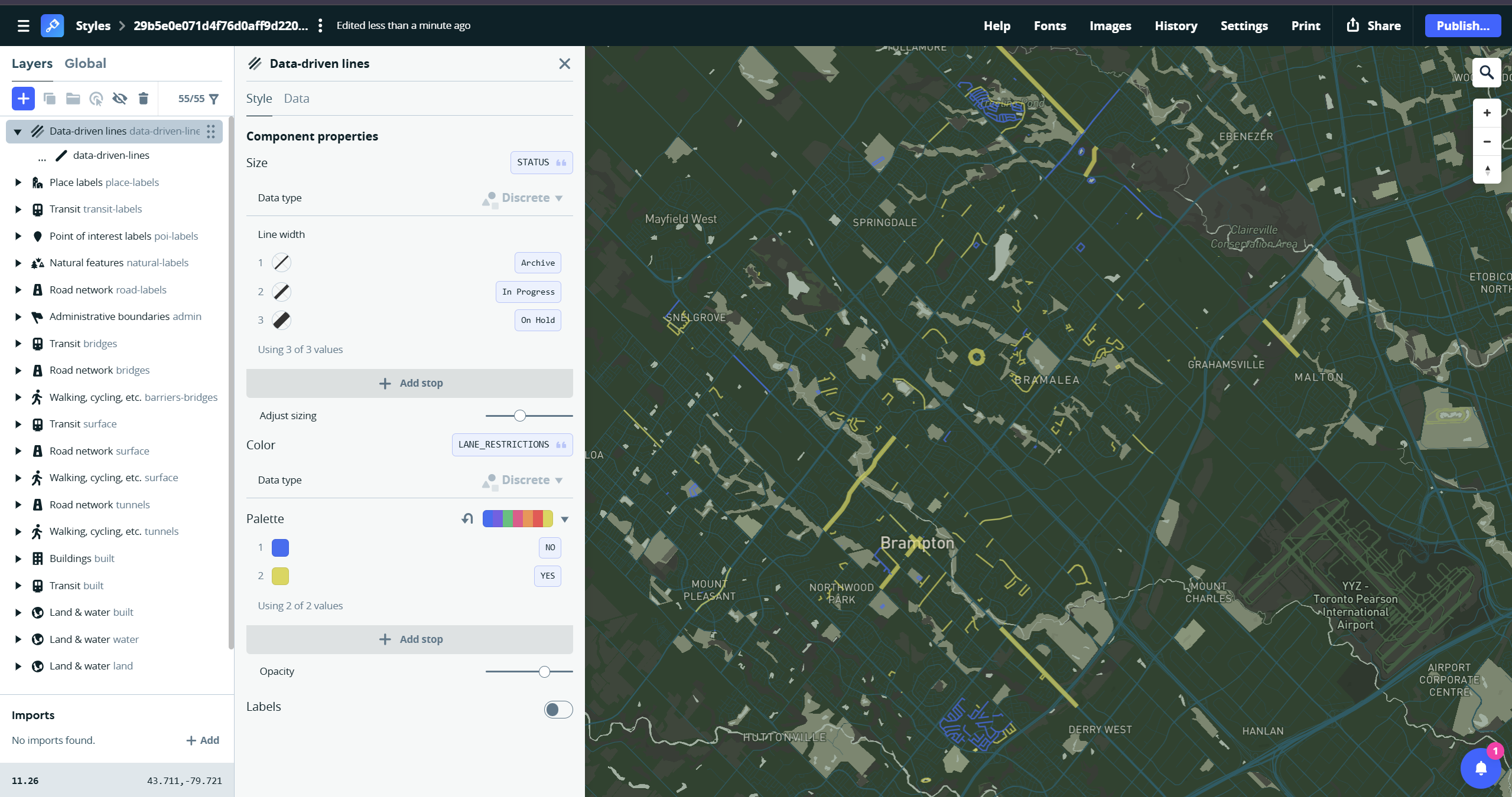 Bivariate map showing active construction projects in Brampton organized by lane closure and status